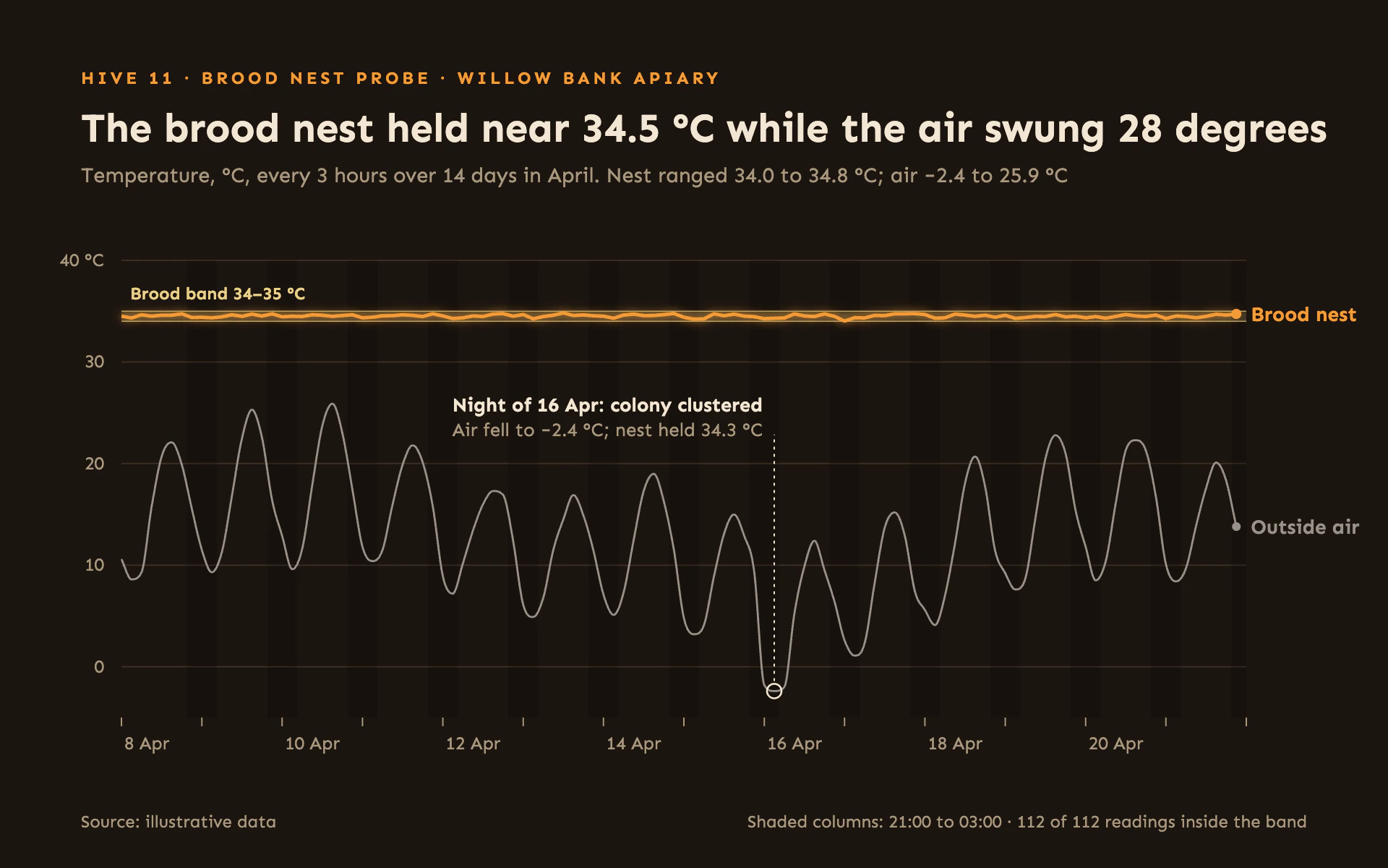 Brood Temperature line chart, dark theme: A glowing orange line held in a thin gold band above a swinging gray line.