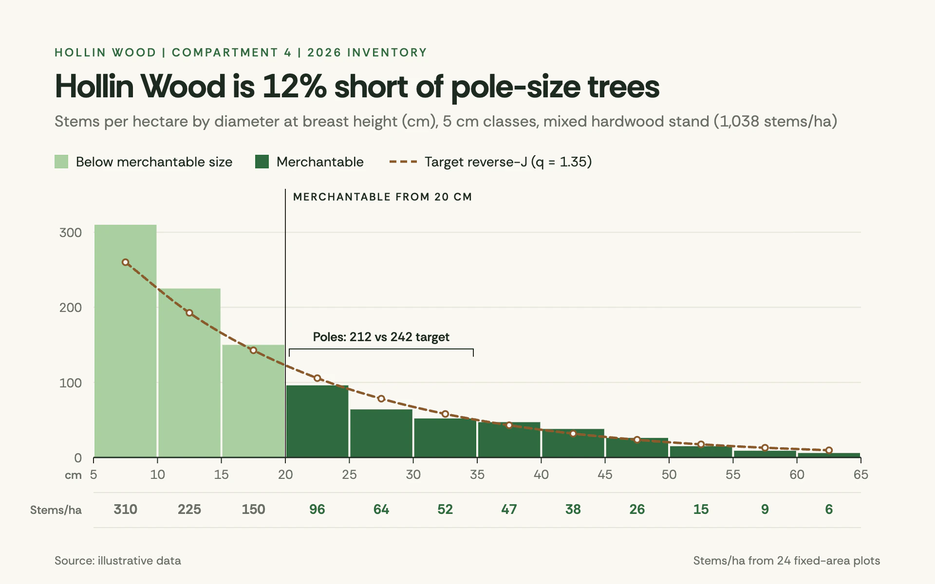 Diameter Classes bar chart, light theme: Touching pine-green histogram with a dashed reverse-J target and a value row.