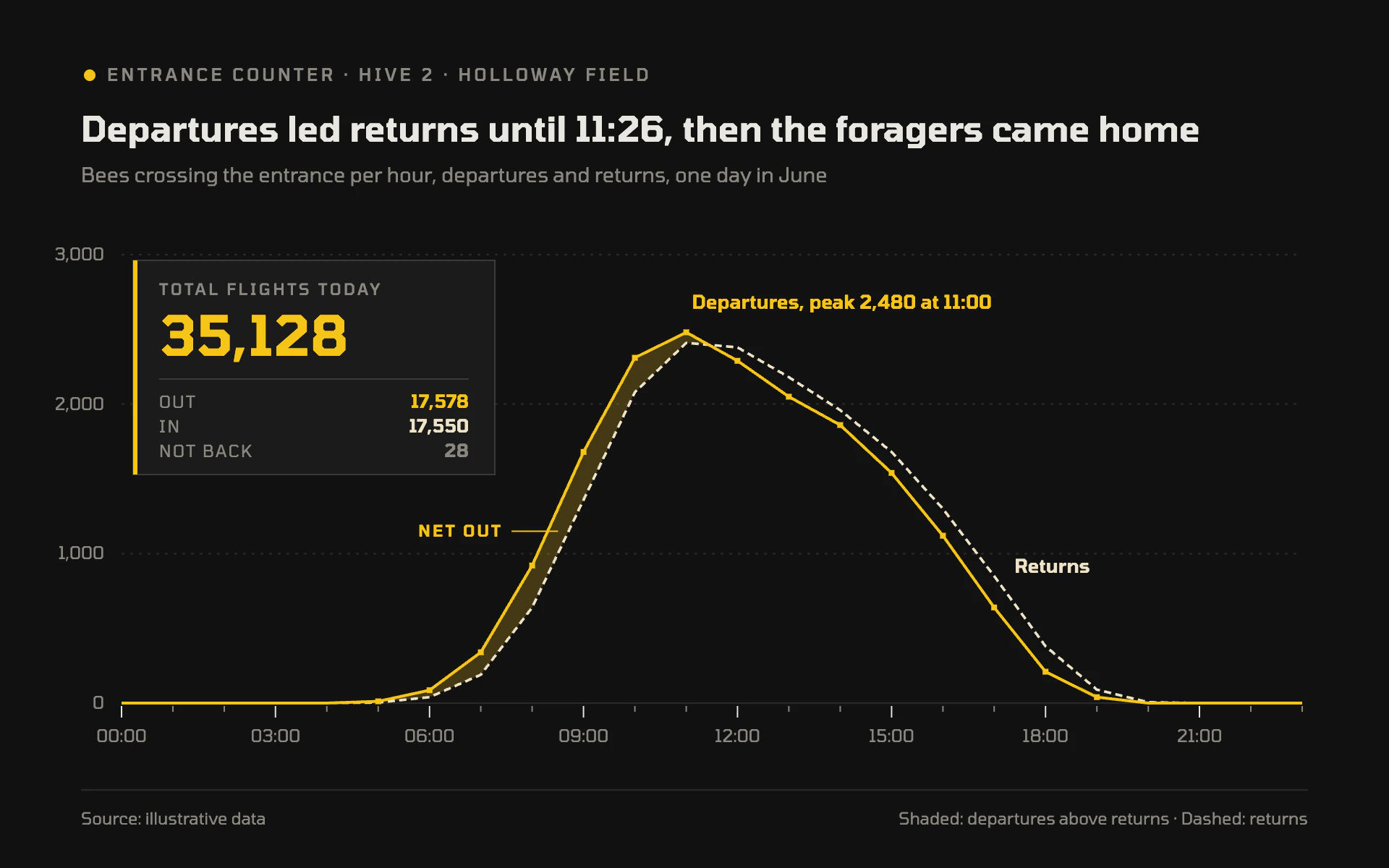 Entrance Counter line chart, dark theme: A hive counter display with yellow and cream lines, a shaded gap and a readout.