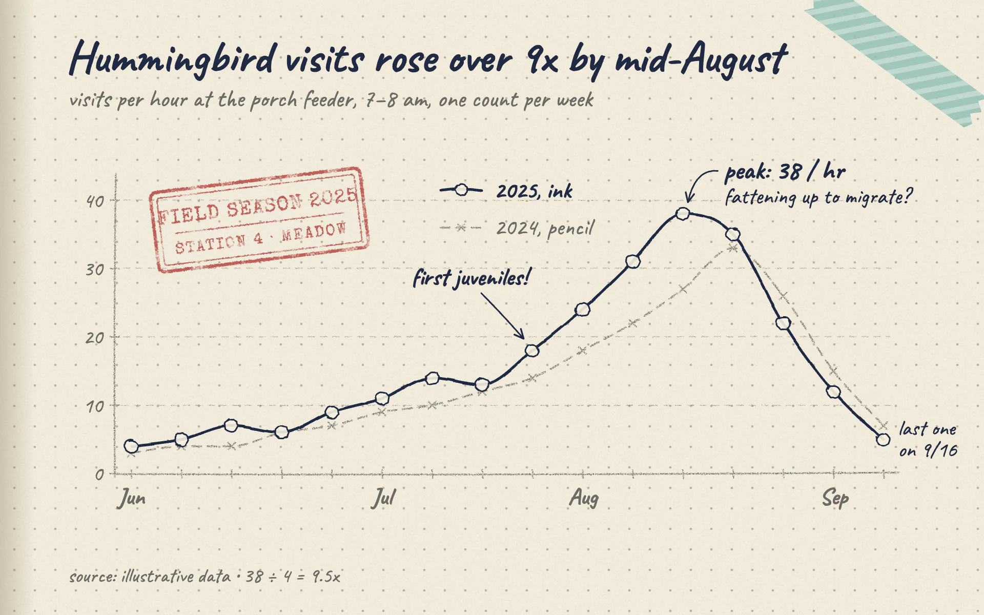Field Notebook line chart, light theme: A dotted-grid page with pencil gridlines, an inked line, notes and a stamp.
