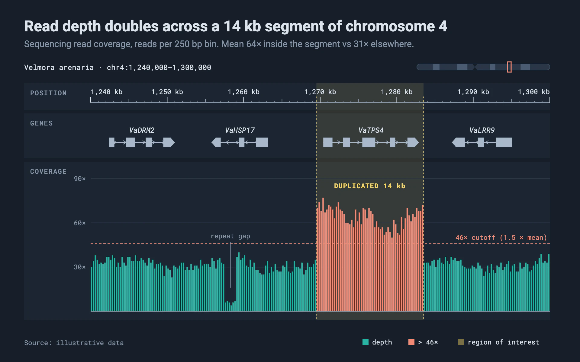 Genome Track bar chart, dark theme: A genome browser view with ruler, gene arrows and a teal and salmon coverage histogram.