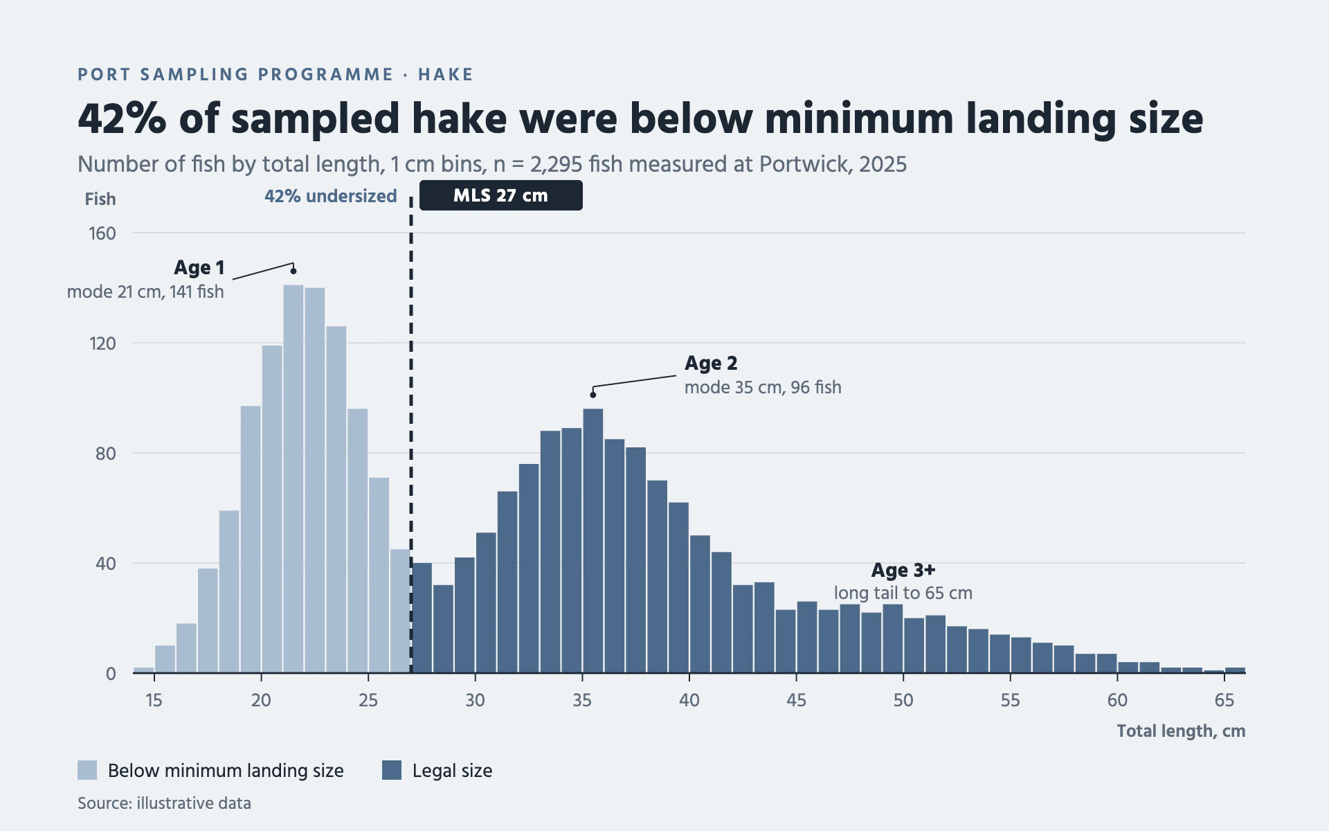 Length Frequency bar chart, light theme: Slate histogram with pale undersized bins, a dashed size limit and cohort notes.