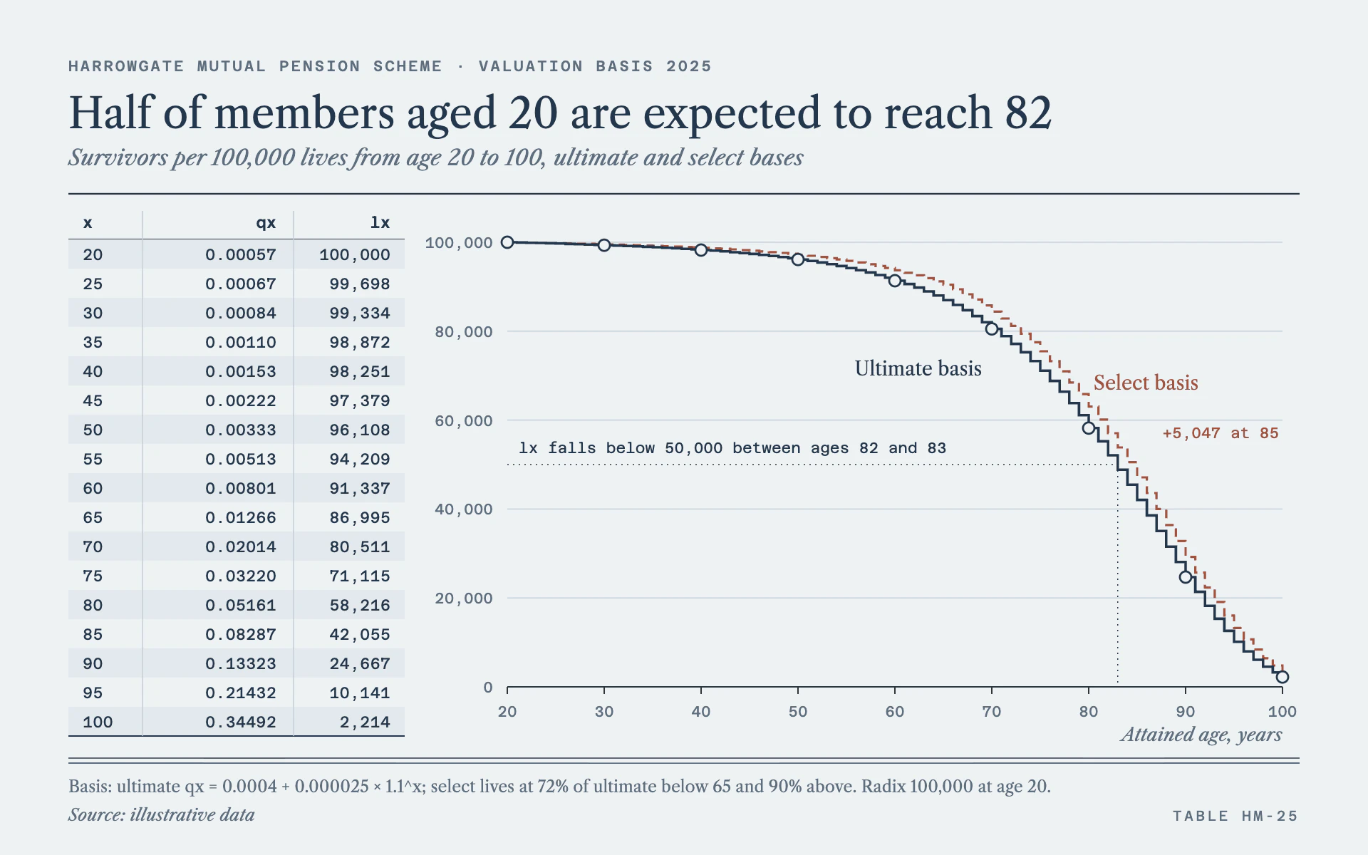 Mortality Table line chart, light theme: Ledger-stock life table beside a thin navy step survival curve.