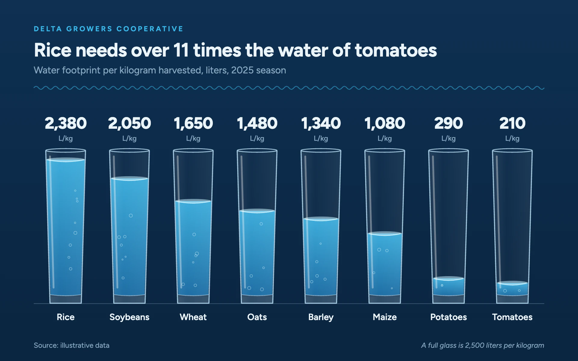 Water Footprint bar chart, dark theme: Bars drawn as glasses of water on deep ocean blue, with meniscus and bubbles.