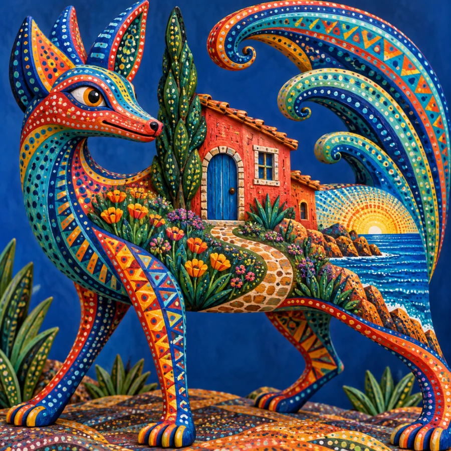 Alebrije Sculpture: Inventive creatures in electric pattern