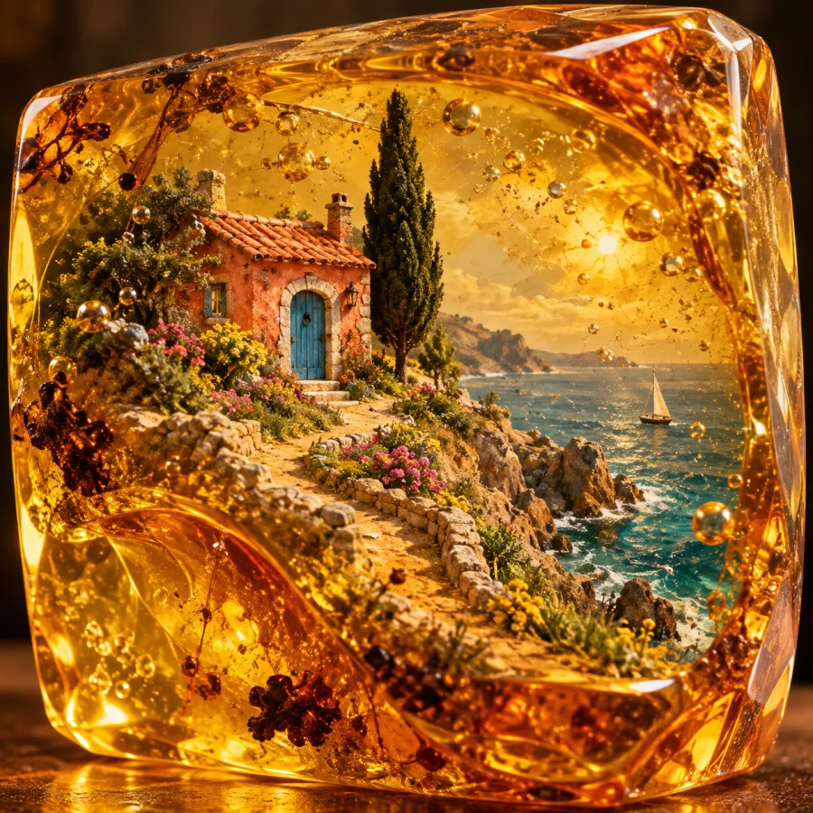 Amber Memory Diorama: An invented miniature suspended in golden resin