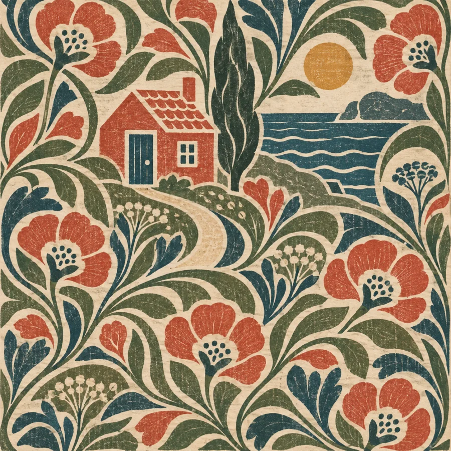 Arts and Crafts Block Print: Dense botanical repeats in natural color