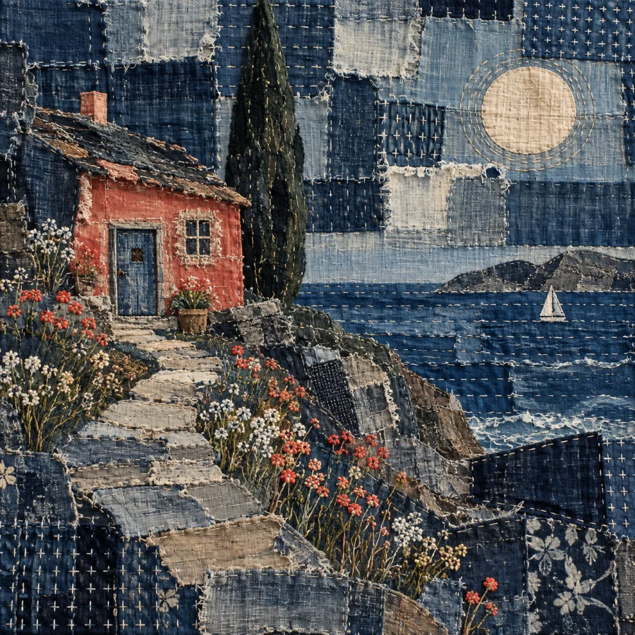 Boro Textile Assemblage: Layered indigo patches and visible repair
