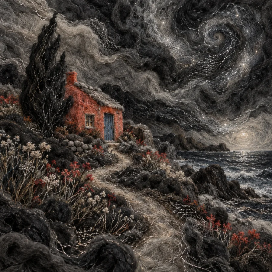 Charcoal Nebula Weave: An invented cosmic field in smoky woven fibers
