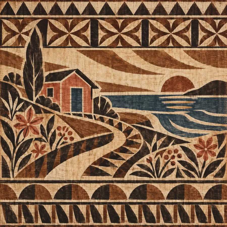 Fijian Masi Barkcloth: Stenciled geometry on beaten fiber