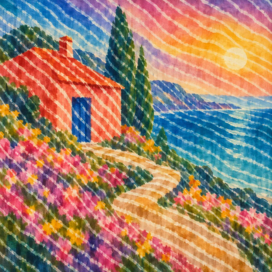 Leheriya Resist-Dye: Wave-like diagonal bands on light cloth