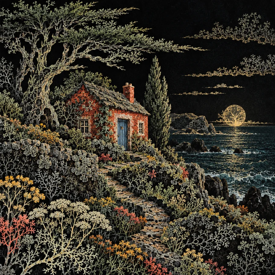 Luminous Lichen Engraving: An invented print where growth becomes fine linework