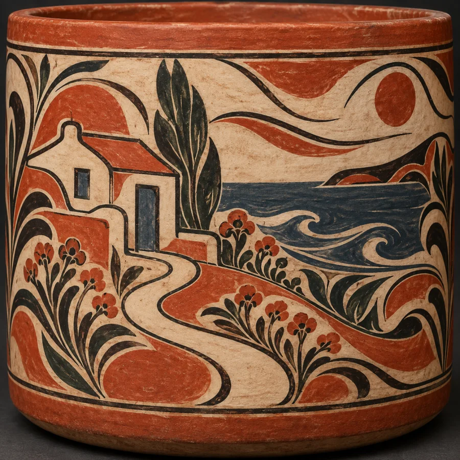 Maya Painted Vessel: Fluid line around a ceramic cylinder