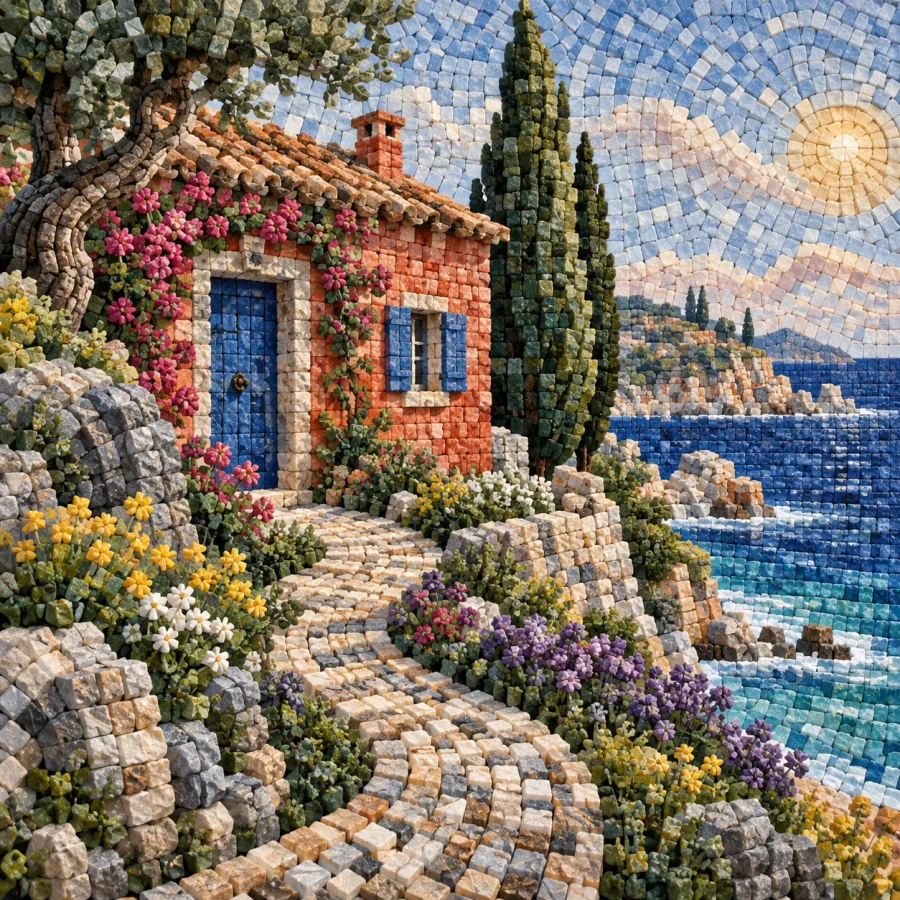 Mineral Pixel Tapestry: An invented image woven from tiny stone cubes