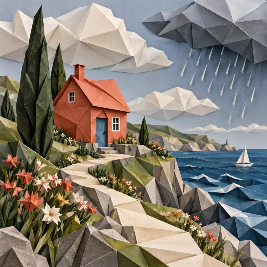 Origami Weather System: An invented landscape of folded atmospheric forms