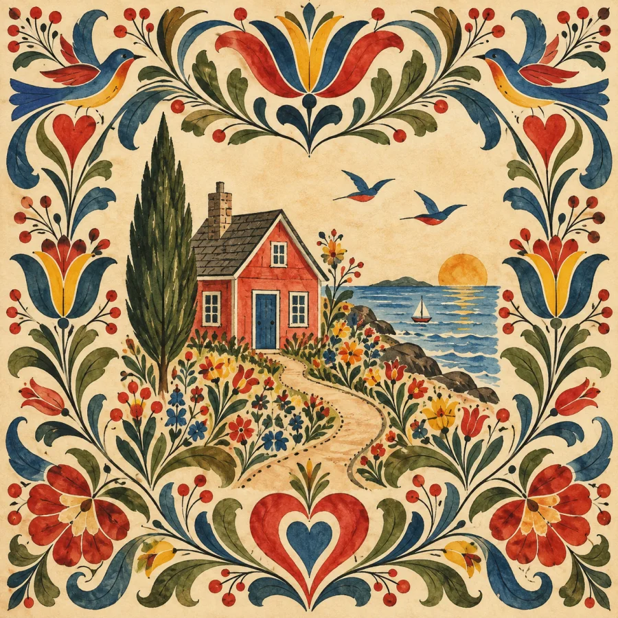 Pennsylvania Dutch Fraktur: Delicate folk ornament on aged paper