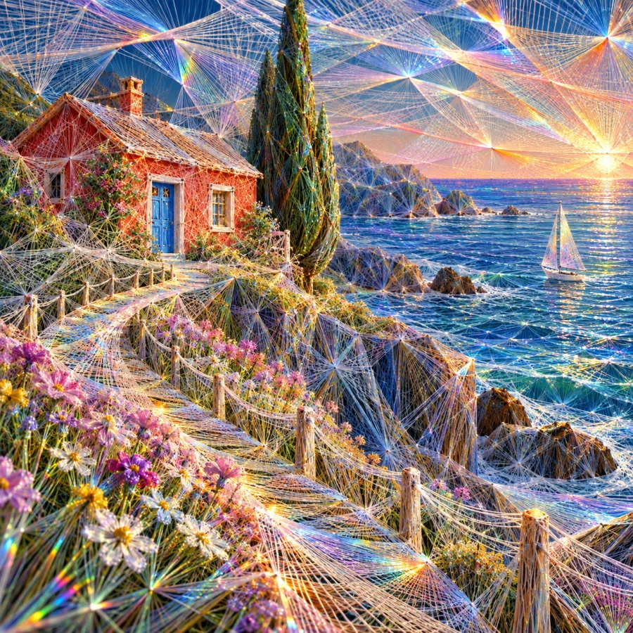 Prismatic Thread City: An invented world woven from refracting filaments