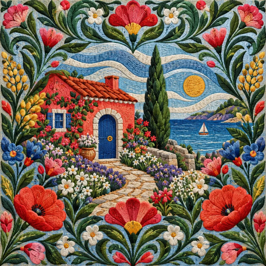Rabat Embroidery: Dense floral threadwork with luminous surfaces
