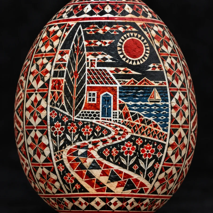 Romanian Painted Egg: Wax-resist bands on a curved shell
