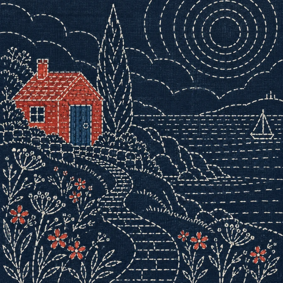 Sashiko Stitching: White running stitches on deep indigo