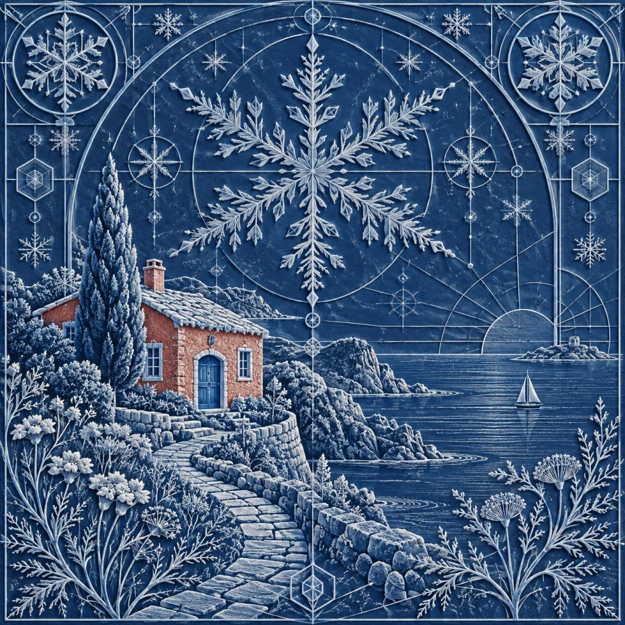 Snowflake Blueprint Relief: An invented technical drawing crystallized in ice