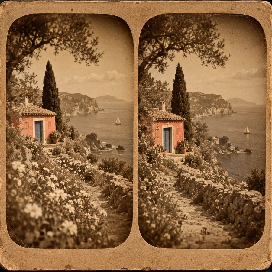 Stereoscopic Card: Paired views with antique photographic depth