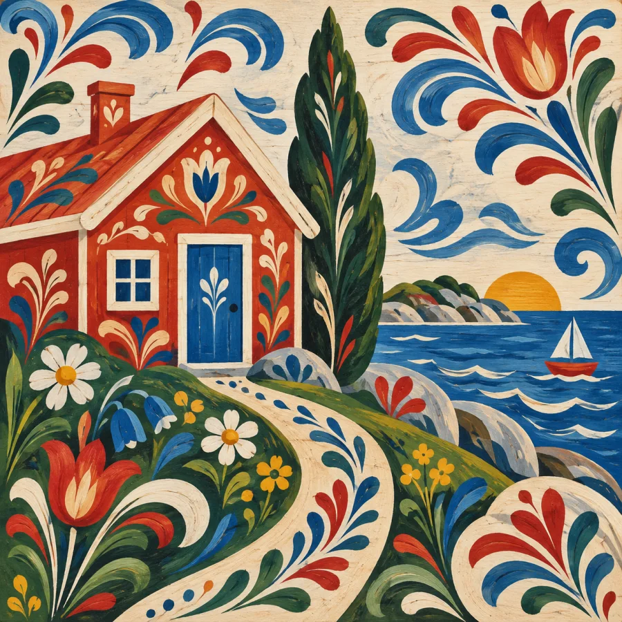 Swedish Dala Folk Painting: Brisk floral ornament on painted wood