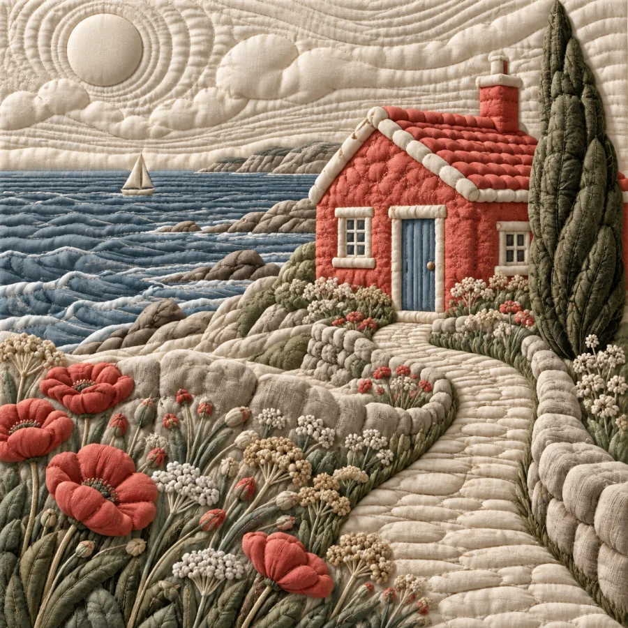 Trapunto Quilting: Raised stitched shapes in pale cloth