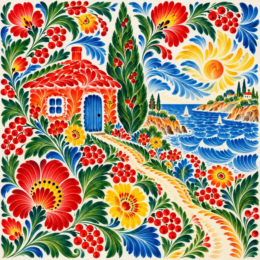 Ukrainian Petrykivka Painting: Feathery floral brushwork