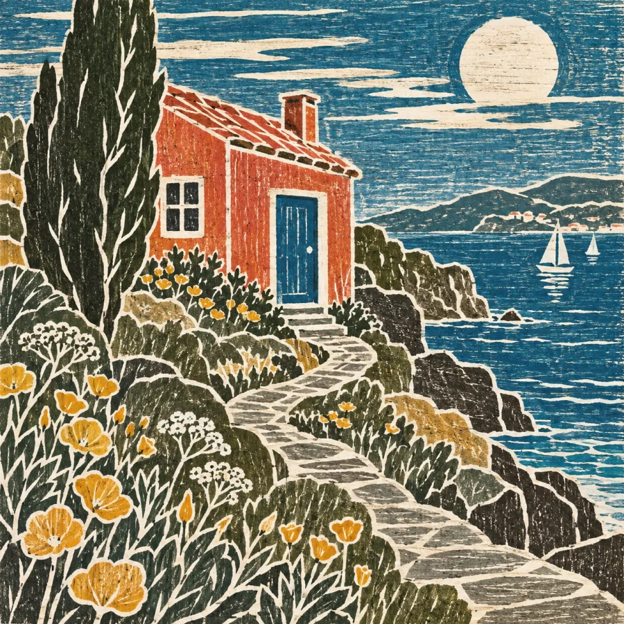 White-Line Woodcut: Color shapes divided by luminous carved lines