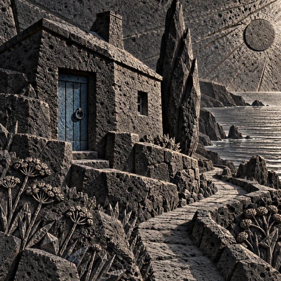 Basalt Relief: Dark stone, sharp shadows