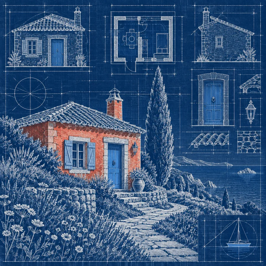 Blueprint Drawing: A scene drafted in light