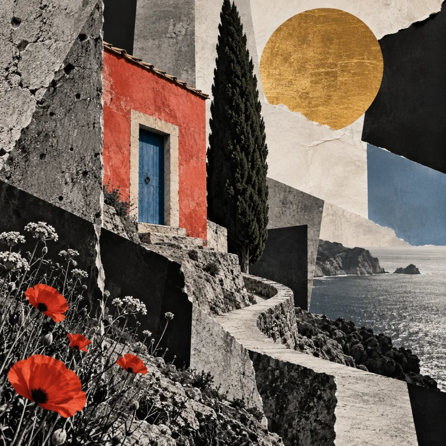 Brutalist Collage: Concrete shapes collide with paper