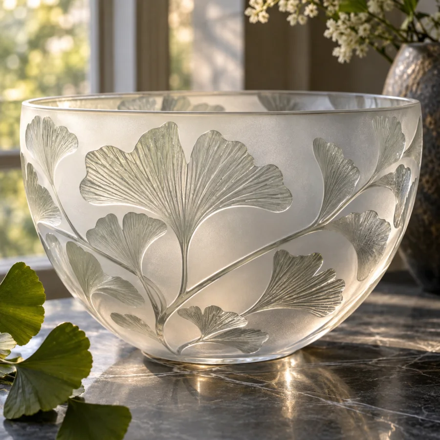 Acid-Etched Glass: Smooth frosted recesses and translucent raised patterns, soft luminous diffusion and precise surface contrast.