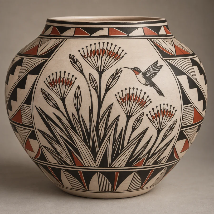 Acoma Polychrome-Inspired Pottery: Thin cream ceramic with intricate black linear geometry and restrained red accents, finely controlled pattern scale and balanced vessel form.