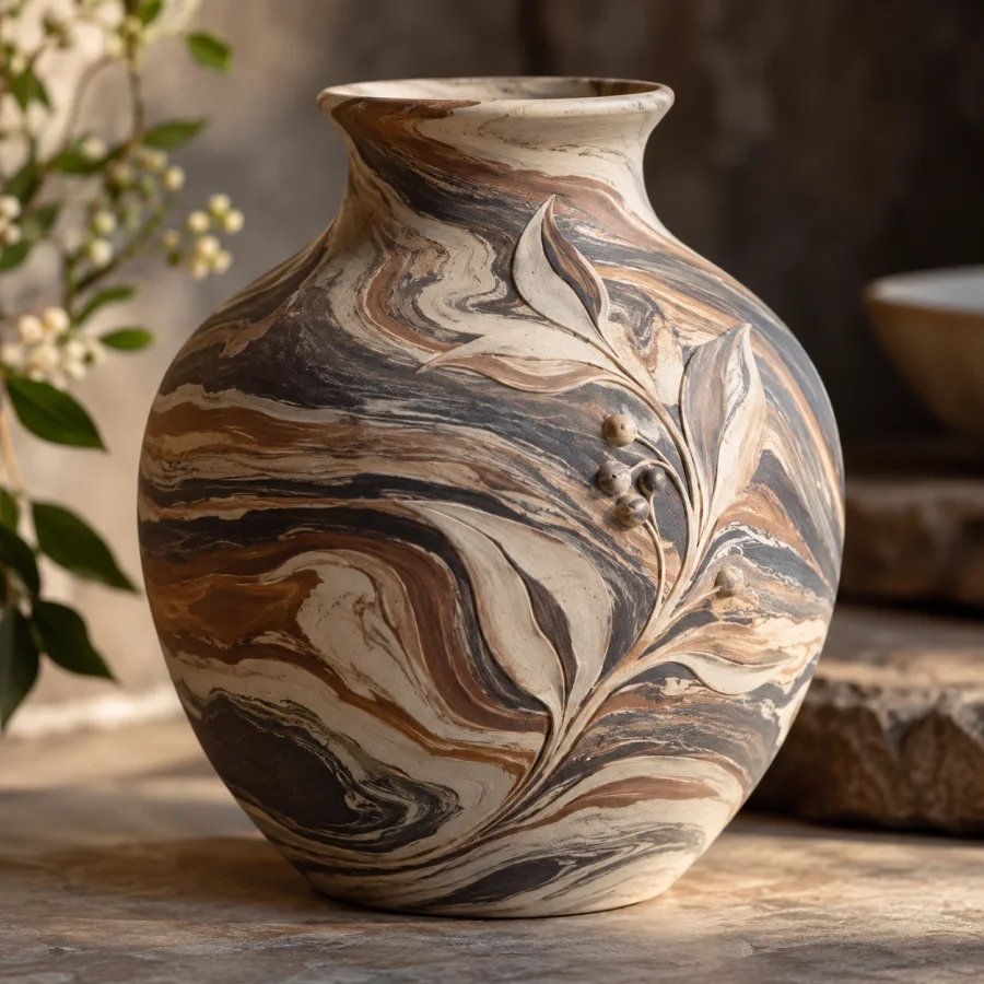 Agateware: Differently colored clays swirled through the vessel body, organic marbling visible across curved ceramic form.