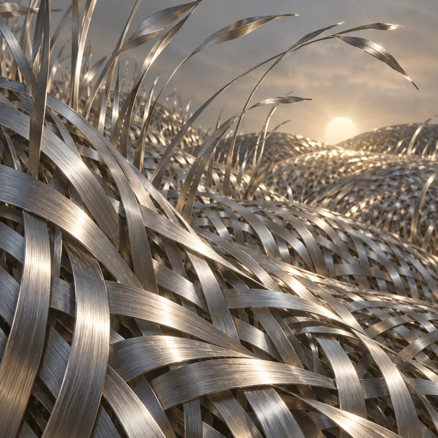 Aluminum Meadow Weave: Fine metallic strips woven like grasses, brushed silver highlights and supple wind-shaped interlacing.