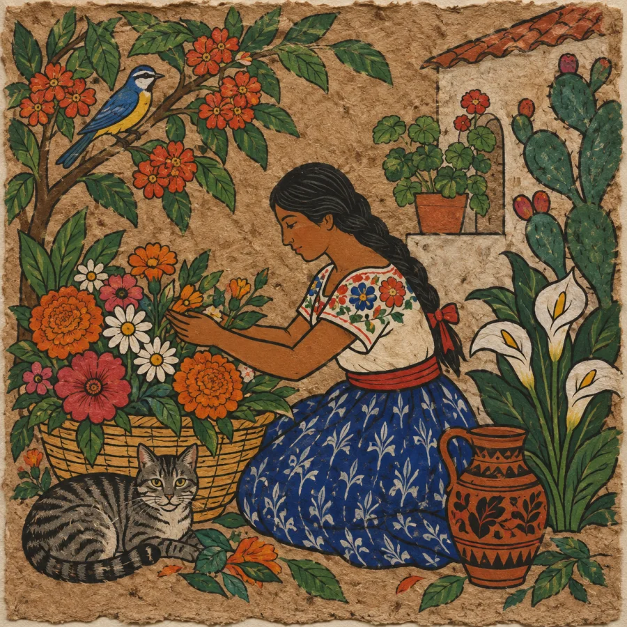 Amate Bark-Paper Painting: Bright opaque colors and intricate everyday botanical or animal scenes on textured brown bark paper, with bold outlines and flattened space.