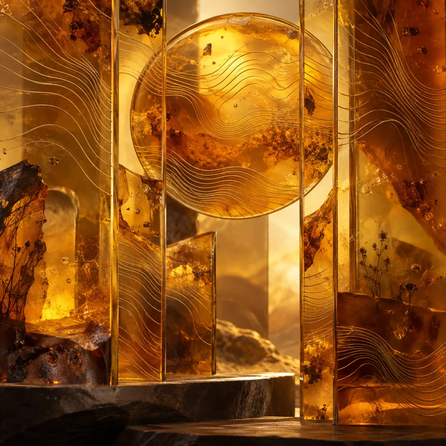 Amber Thread Isobars: Fine golden threads embedded at different depths in amber-like panels, flowing contour bands and warm parallax.