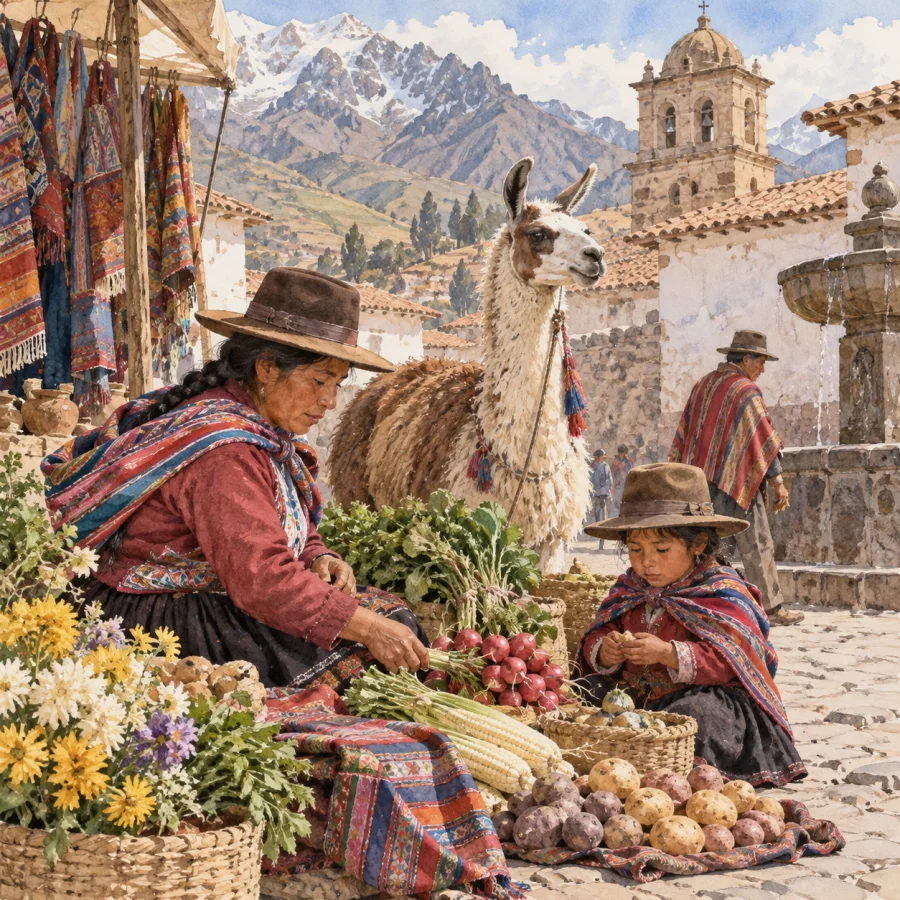 Andean Costumbrista Watercolor: Carefully observed everyday figures and local surroundings rendered with fine watercolor detail, clear outlines and documentary visual storytelling.