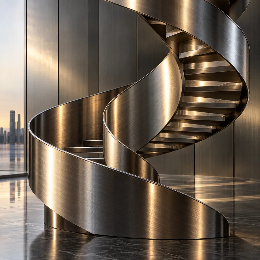 Anisotropic Metal Render: Brushed metal with elongated directional highlights, fine parallel grain and controlled sculptural reflections.