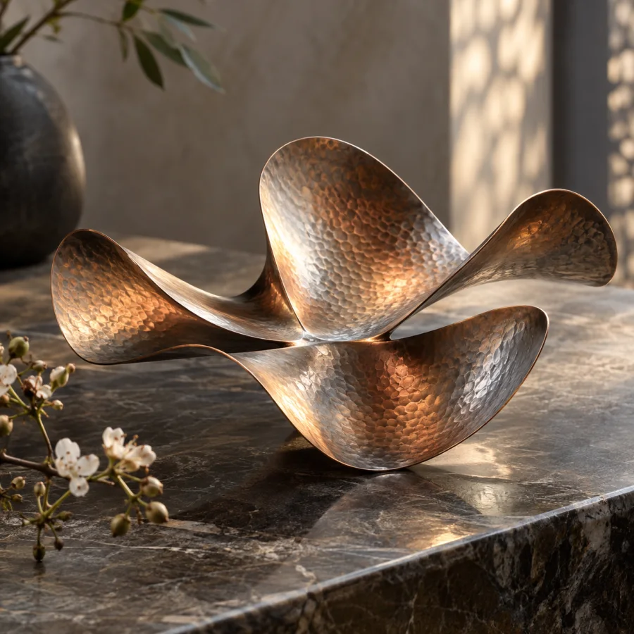 Anticlastic Metal Forming: Saddle-like metal curves bending in opposing directions, elegant thin edges and smooth flowing reflections.