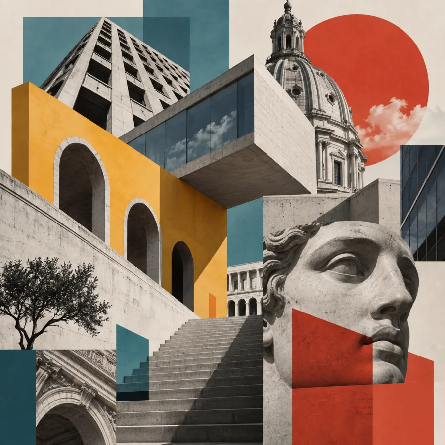 Architectural Collage Montage: Photographic building fragments combined with flat color planes, unexpected scale shifts and clear graphic overlaps.