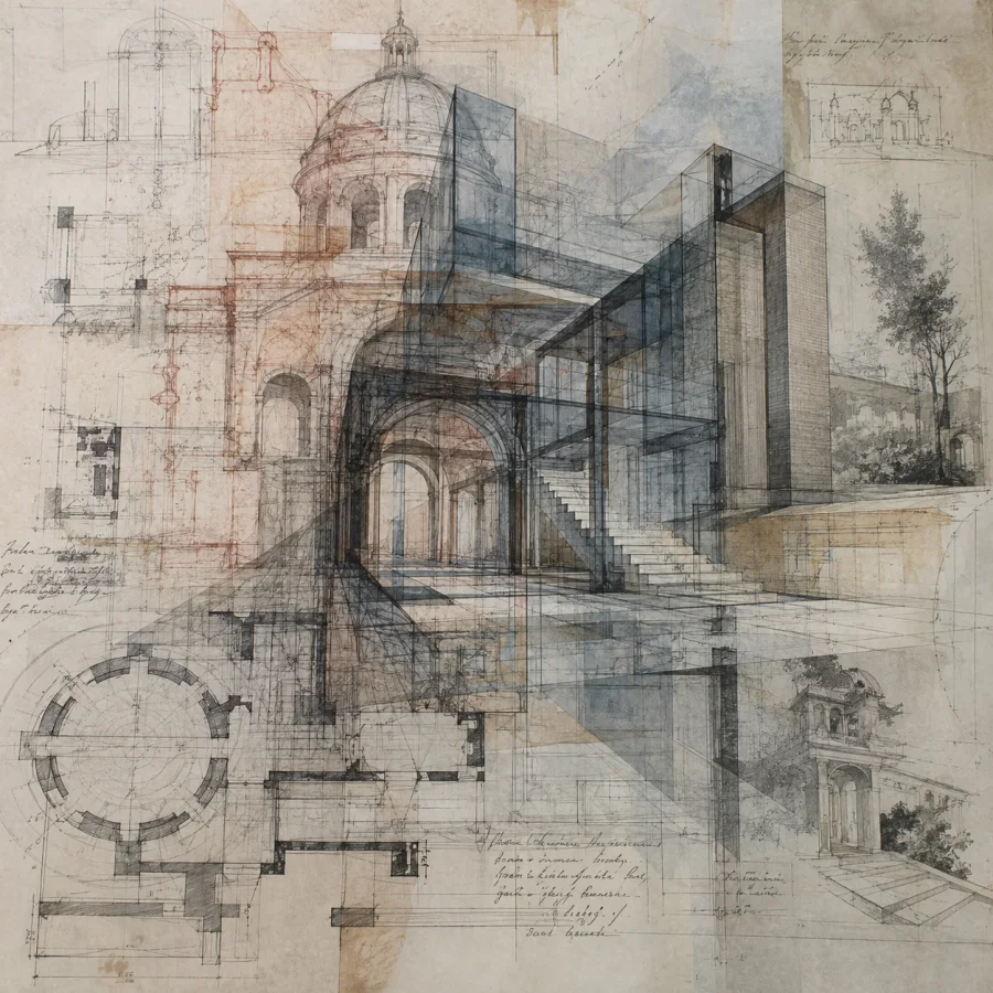Architectural Palimpsest: Overlapping translucent architectural sketches from different stages, erased traces, revised lines and layered spatial thinking.