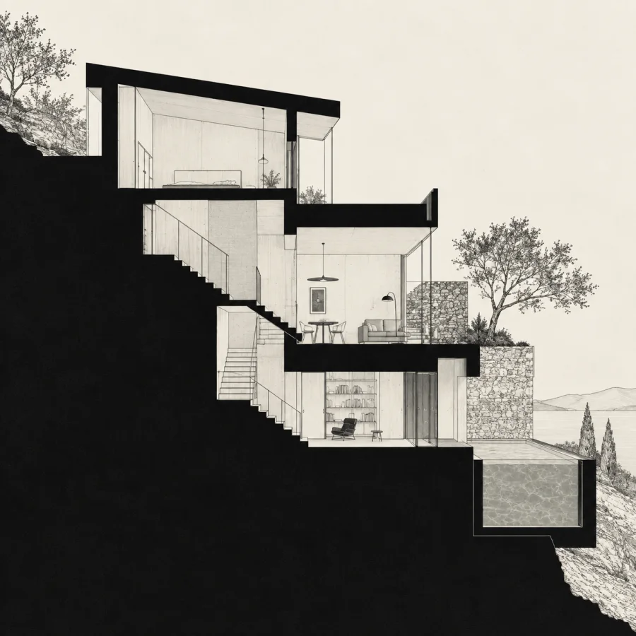 Architectural Poche Section: Cut architectural masses filled with dark solid tone, delicate interior linework and strong positive-negative spatial clarity.