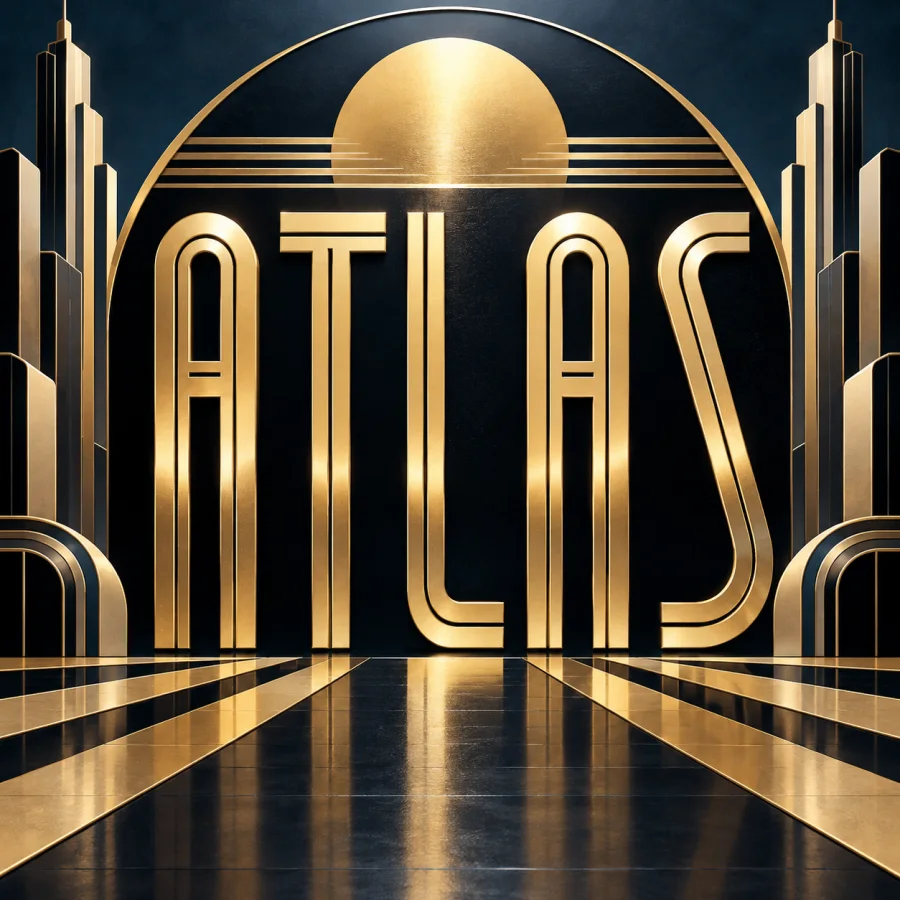 Art Deco Streamline Lettering: Tall geometric letters with rounded streamlined corners, parallel accent lines and polished rhythmic spacing.