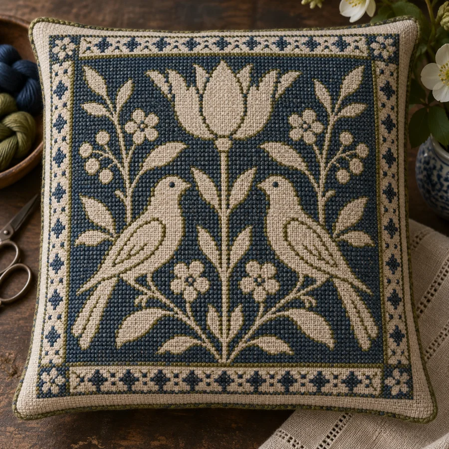 Assisi Embroidery: Dark cross-stitched backgrounds surrounding unstitched pale silhouettes, crisp counted geometry and decorative outlines.