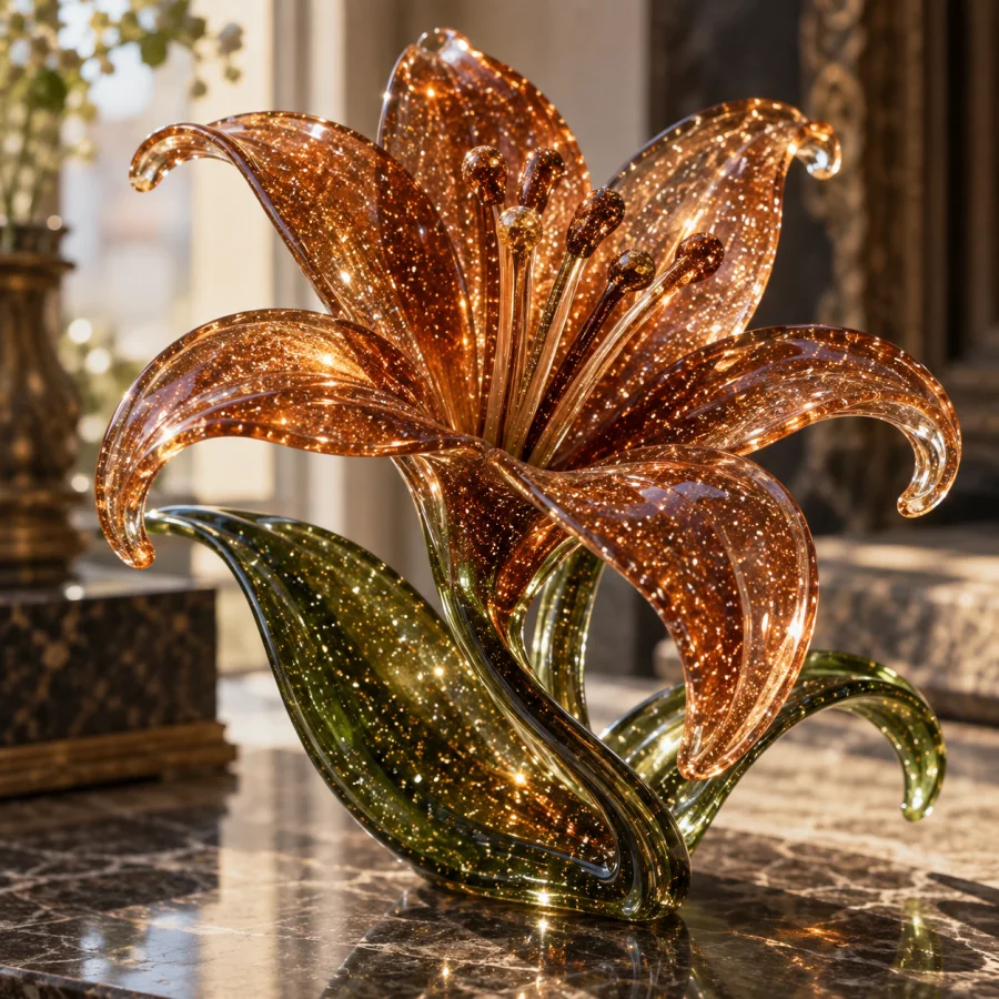 Aventurine Glass: Warm translucent glass filled with sparkling metallic crystalline flecks, rich depth and fine glittering highlights.
