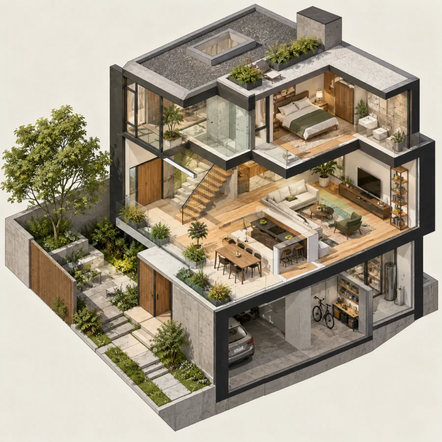 Axonometric Cutaway: Parallel-projection spatial drawing with selected surfaces removed, consistent angles and clearly legible interior relationships.