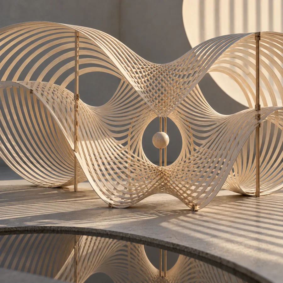 Balsa Lightwave Sculpture: Very thin pale wood strips arranged into wave interference forms, precise joints and gently striped shadows.